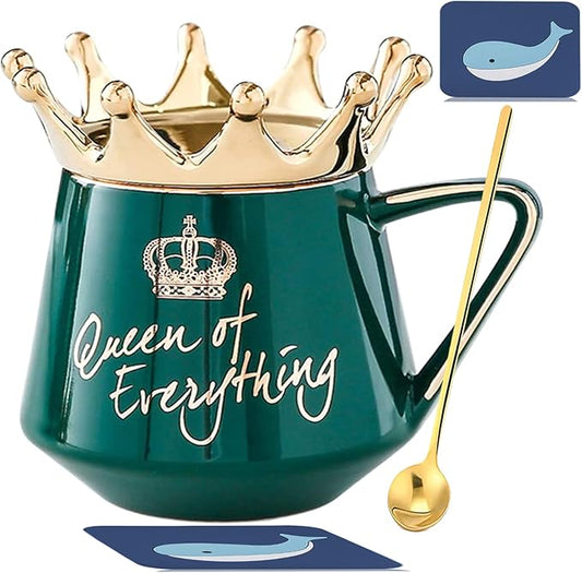 Queen of Everything Mug with Lid Crown Queen Elizabeth Mugs 12 oz Ceramic Cup Birthday Gifts for 20 30 40 50 60 70 80 90 Women Gift for Women Girls Mom Friend
