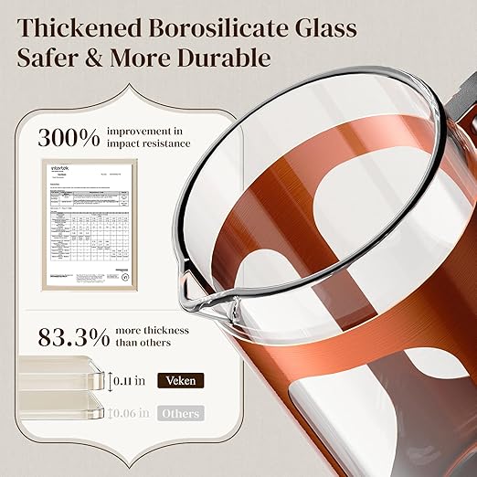 Veken French Press Coffee Maker 34oz 1 L, No Plastic Touching Cafe, Heat Resistant Thickened Borosilicate Glass, Stainless Steel Brewer, Cold Brew Cafetera Teapot for Kitchen Travel Camping, Copper