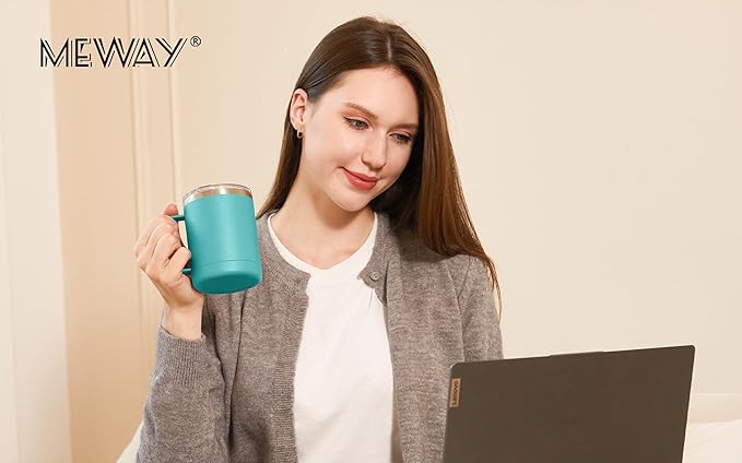 MEWAY 12oz Coffee Mug With Handle 2 Pack Bulk,Stainless Steel Insulated Travel Tumblers With Sliding Lid,Double Wall Vacuum Camping Cup for Hot & Cold Drinks Tea (Light Green,Set of 2)