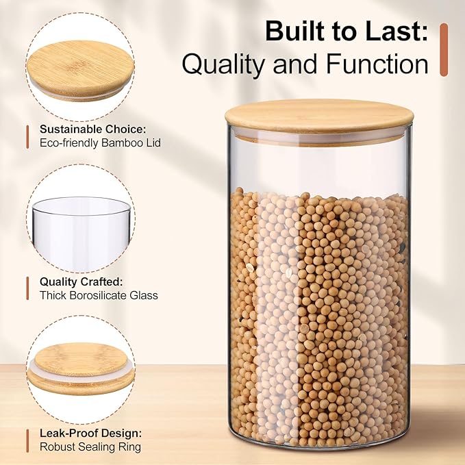 LemonRoad 5 Pack Airtight Glass Storage Jars with Bamboo Lids 152oz/61oz/46oz/25oz/19oz Glass Canisters Sets Food Storage Containers for Flour, Sugar, Rice, Microwave and Freezer Safe