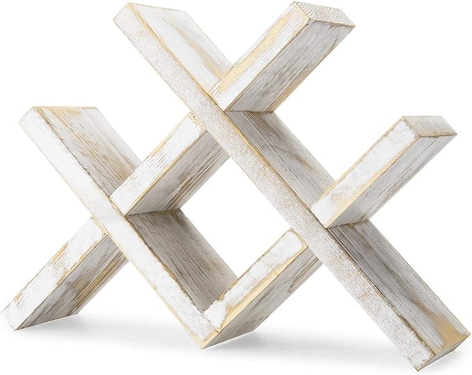 MyGift 4-Bottle Whitewashed Rustic Wood Wine Rack - Farmhouse X-Design Countertop Storage, Compact for Kitchen, Bar, Coffee Station (Holds 750ml Bottles, Easy Clean)