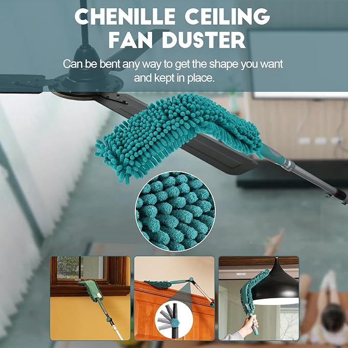 36 Foot High Reach Duster Kit with 7-30FT Extension Pole High Ceiling Dusting and Window Cleaning Kit with Telescopic Pole Window Washer&Squeegee,Cobweb Duster,Fan Duster and Feather Duster