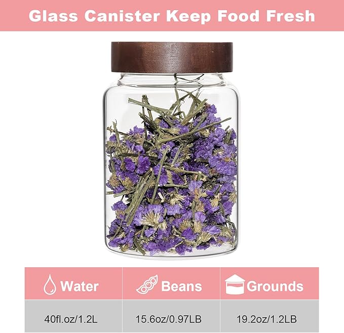 Glass Spice Jar Coffee Sugar Container Airtight Glass Jar Food Storage Canisters Bottle for Kitchen Seasoning Tea Herb Overnight Oats Bar Parfait Snacks (1200ml(40oz)-1 pack)