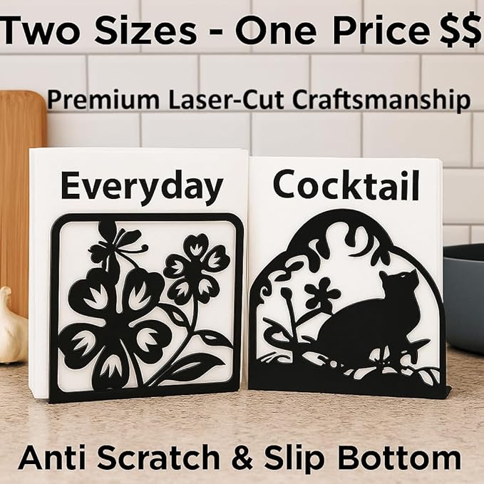 Decorative Metal Napkin Holder Set – Cat & Floral Design – 2 Sizes for Everyday & Cocktail Napkins – Black Modern Kitchen Coffee Filter Holder for Size #2 & #4 coffee filters.