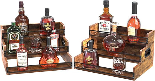 Liquor Bottle Display Shelf, Coffee Syrup Rack Organizer, 2 Pack 3 Step Countertop Liquor Wine Rack, Coffee Station Organizer with Fences & Handles, Home Retro Bar Shelf Stand for Liquor Whiskey