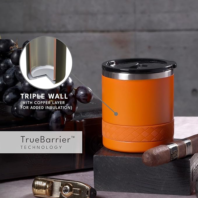 Elemental Recess Lowball Tumbler, 10oz Triple Wall Stainless Steel Cup with Non-Shattered Tritan Lid, Insulated Whiskey Glass, Insulated Coffee Tumbler Mug for Hot & Cold Drinks - Orange