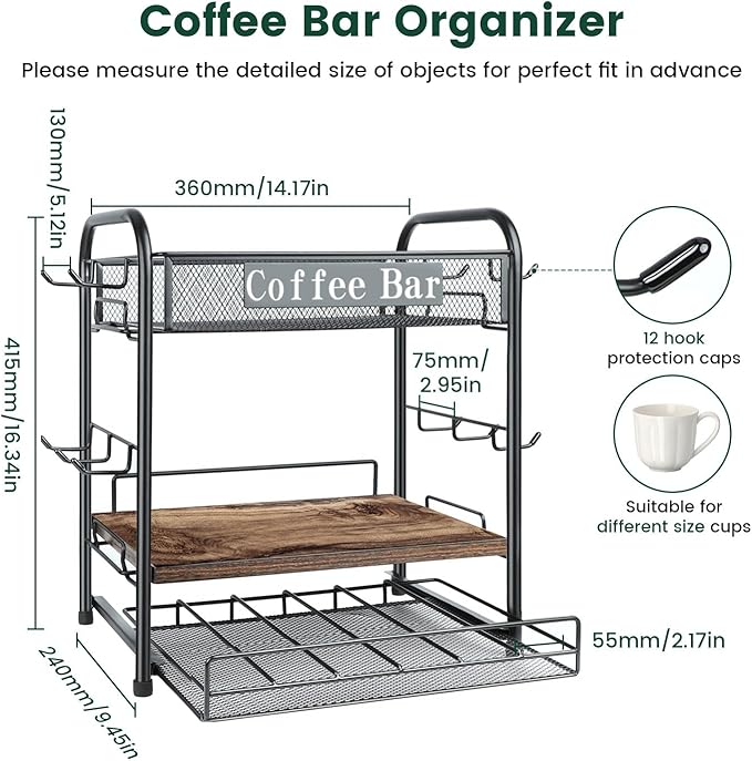 Coffee Bar Organizer, Station Mug Holder for Countertop, Multi-Functional 3 Tier Coffee Cup Tree Rack for Kitchen, Storage Shelf with 10 Hooks, K Cup Pod Drawer for Home Office