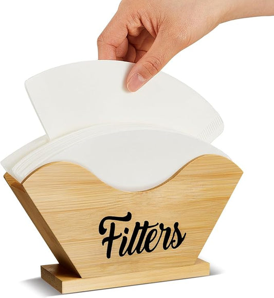 Juexica Farmhouse Cone Coffee Filter Holder Storage number 4 Rustic Wood Holder Organizer Counter Mount for Square Cone Shaped Flat Bottomed Paper(Bamboo Color)