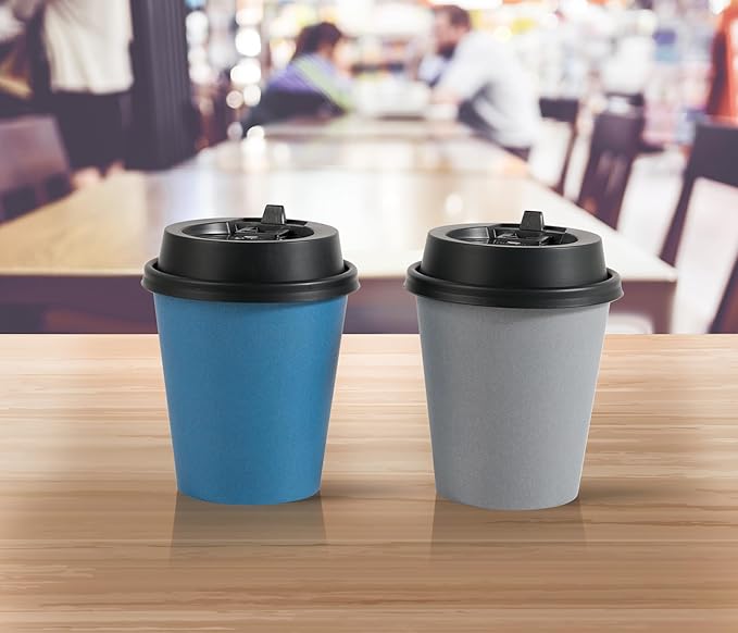 LITOPAK 100 Pack 10 oz Disposable Paper Coffee Cups with Lids for Coffee, Water, Juice, or Tea, Blue and Gray Hot Paper Cups for Home, Restaurant, Store, and Cafe