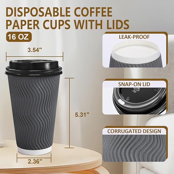 500 Pack Coffee Cups with Lids 16oz, Disposable Insulated Ripple Wall To Go Paper Coffee Cups for Hot/Cold Drinks Office Home Shop Event (Grey)