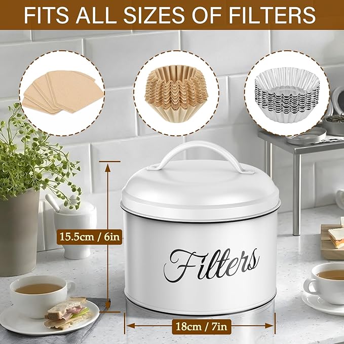 Coffee Filter Holder for Counter, Coffee Filter Storage with Lid, Round Container for Bar Accessories Decor (White)