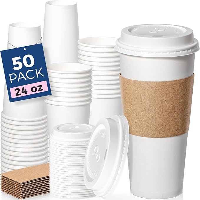 Fit Meal Prep 50 Pack 24 oz Disposable Coffee Cups with Lids, Sleeves, Leak-Proof To Go Coffee Cups with Lids, Durable Hot Paper Cups for Home, Office, Party, Business