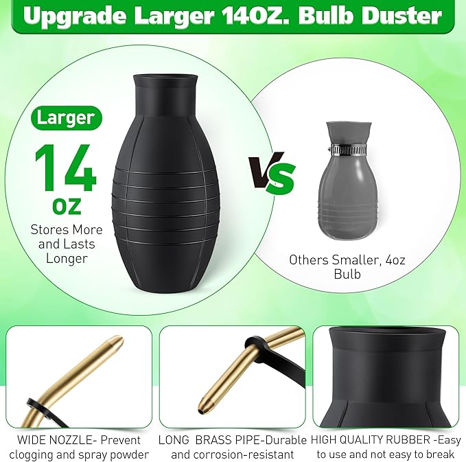 14OZ Diatomaceous Earth Powder Duster, Bulb Sprayer Insect Duster, Garden Powder Applicator Dispenser with Long Metal Tube for Home Organic Gardening Agricultural Supply