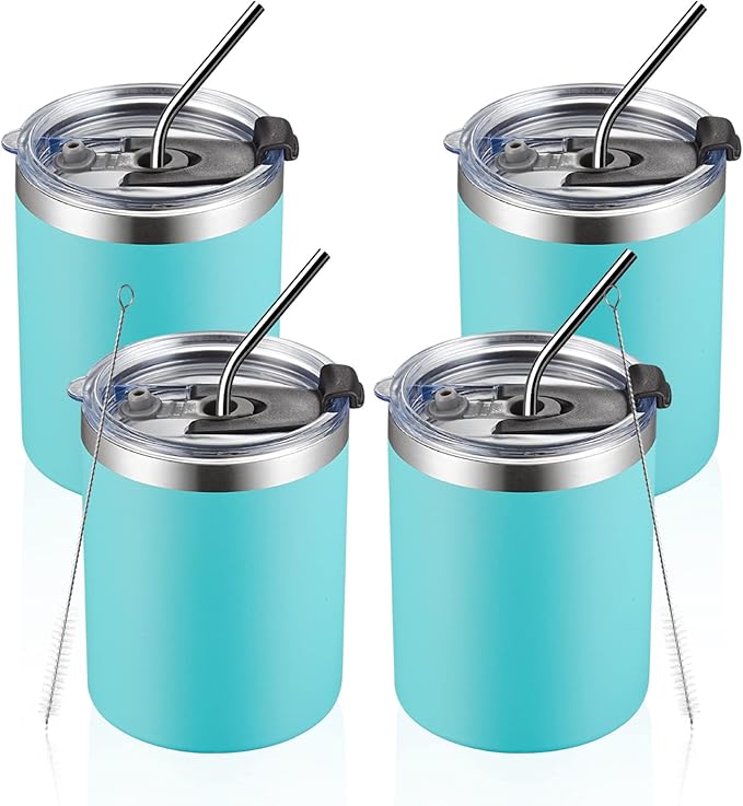 MEWAY 12 oz Lowball, Tumbler Stainless Steel Double Wall Vacuum Insulated Mug with Straw and Lid, Cleaning Brush ，Durable Powder Coated Insulated Coffee Cup for Cold & Hot Drinks (Light Blue,4 pack)