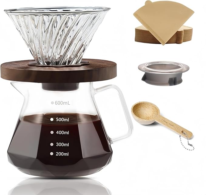 Pour Over Coffee Maker Set 20 oz, 600 ml Borosilicate Glass Coffee Server with Glass Lid, 50 pcs Paper Filter, Walnut Handle Pour Over Coffee Dripper for Home Café Restaurant, Clear