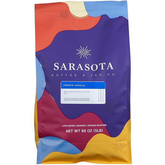 Sarasota Coffee Whole Bean French Vanilla | Medium Roast Gourmet Flavored Coffee Beans | Low Acid, Mold Free, Specialty Grade Bulk Beans | 5lb (80 oz)