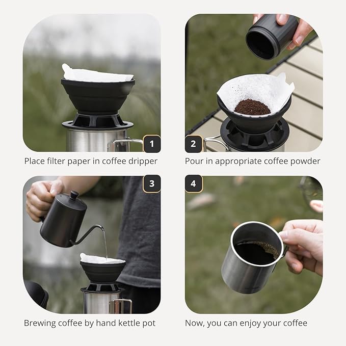 Portable Pour Over Coffee Maker Set, Collapsible Silicone Coffee Dripper Set, Perfect for Travel, Camping, Home (SILVER CUP 2CUP)