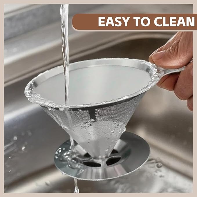 Pour Over Coffee Dripper Stainless Steel Coffee Filter Metal Cone Filter Extra Fine Wire Mesh Reusable Coffee Filter Coffee Maker (Silver, 1-4 Cups)