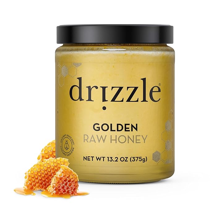 Drizzle Golden Raw Honey - All Natural Pure Raw Honey, Unfiltered & Unheated, Use in Tea & Coffee, Sugar Substitute, Certified Kosher - 13.2 oz Jar (375 g)
