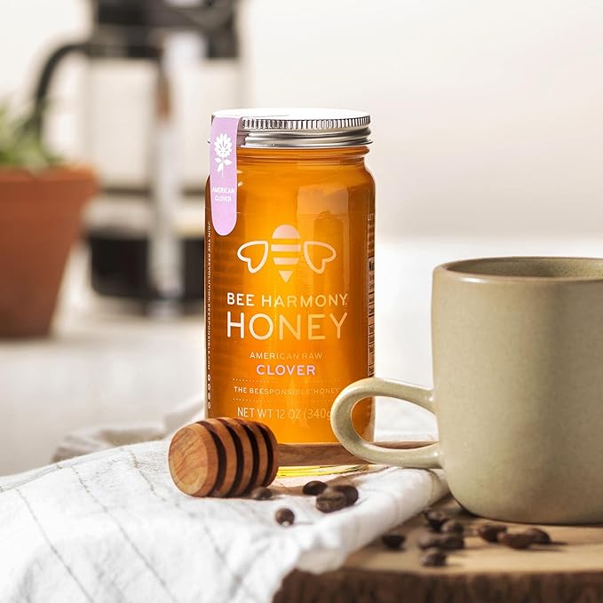 Bee Harmony Raw Clover Honey, 12 OZ (Pack of 2 Jars), Made in the USA