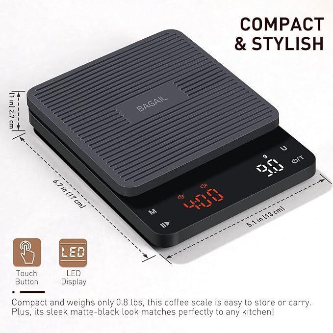 BAGAIL BASICS Coffee Scale with Timer, 0.1g High Precision Kitchen Scale, Pour Over Coffee Scale, Drip Espresso Scale with Auto Tare, Touch Sensor and Silicone Cover - 6.6 lbs/3 kg