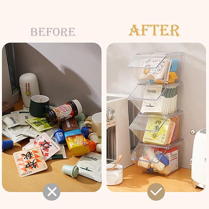 Tea Bag Organizer Coffee Pod Holder K Cup Holder, Stackable Acrylic Desk Organizer Box with Lid, 4 Pack