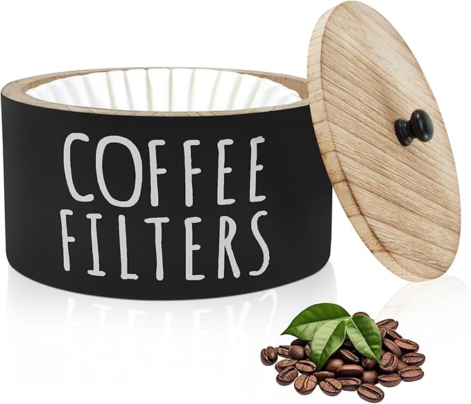 Wooden Coffee Filter Holder & Storage Organizer - Large Capacity Rustic Coffee Filter Dispenser with Bamboo Lid, Multipurpose Coffee Pod & Filter Basket for Bar Counter, Kitchen, or Coffee Bar Decor