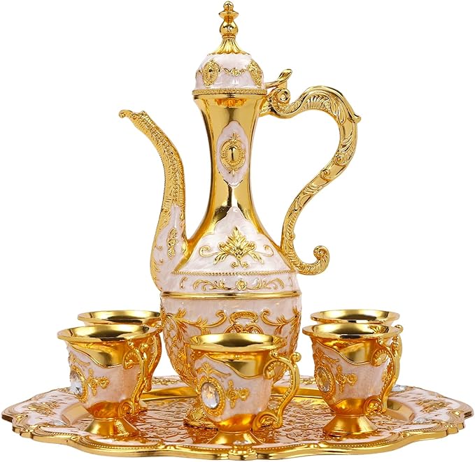 Vintage Extra Large Turkish Coffee & Tea Pot Set for 6 including Tray & Teapot, Golden Antique Carvings Turkish Coffee Tea Cup for Adults, Elegant Eagle Beak Spout for Wedding Tea Service