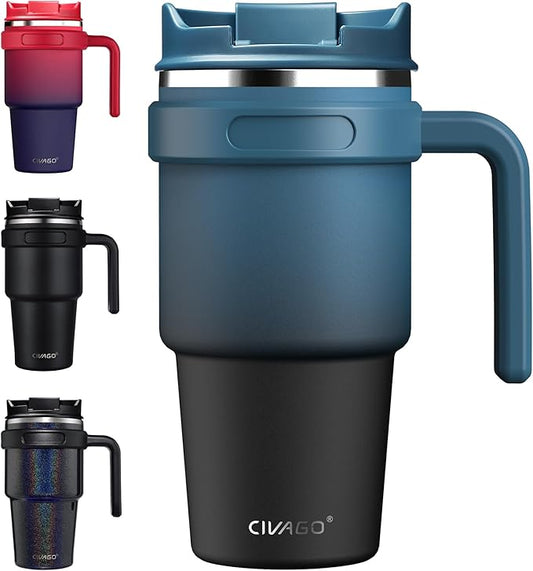 CIVAGO 20 oz Tumbler Mug with Lid and Straw, Insulated Travel Coffee Mug with Handle, Double Wall Stainless Steel Vacuum Coffee Tumbler, Thermal Coffee Cup, Flip lid, Indigo Black
