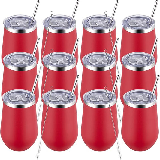 MEWAY Stemless 12oz Insulated Wine Tumbler with Lid and Straw - Double Wall Stainless Steel Thermal Cups for Hot and Cold Drinks, Bridal Shower Prizes for winners(Red,Set of 12)