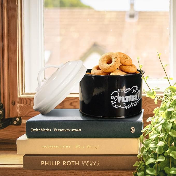 SOTECH Coffee Filter Holder Storage Metal Box Black Container Organizer Round Dispenser for Counter and Room Decor Coffee Bar Accessories