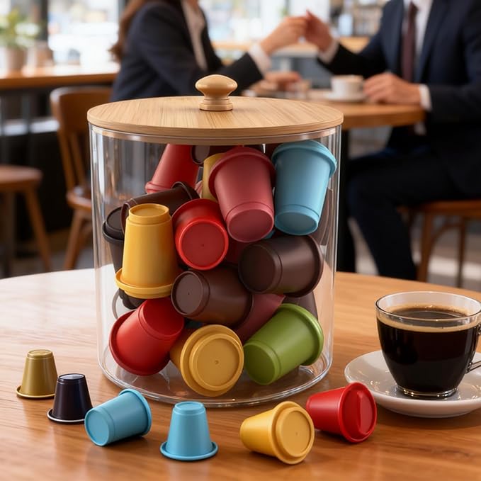 2 Pack Coffee Pod Holder with Bamboo Lid, Clear Coffee Pods Storage Basket Large Capacity K Cup Holder for Kitchen Countertop, Coffee Filter Holder, Cafe Bar Organizer, Office Desktop