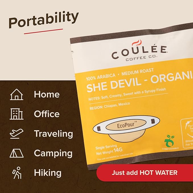 Coulée EcoPour She Devil Coffee, All Paper Single Serve Arabic Coffee, Medium Roast, Use for Camping or Traveling, Pre Filled Compostable Filters, Ready to Brew with Hot Water, Plastic Free, 20 Pack