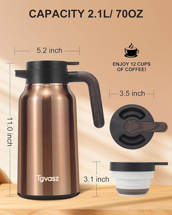 Thermal Coffee Carafe 70 oz - 36 Hour Hot Stainless Steel Carafes for Hot Liquids-Insulated Coffee Carafes For Keeping Hot/Cold Coffee, Tea, Water, Drink Dispenser for Parties(Black)