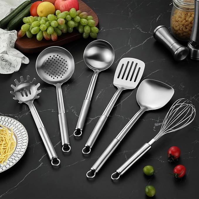 6-Piece Kitchen Cooking Utensils Set, Stainless Steel Kitchen Utensils with Suspendable Handle, Spatula, Slotted Turner, Soup Ladle, Slotted Spoon, Whisk, Pasta Server, Dishwasher Safe