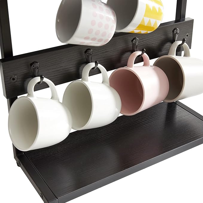 IBUYKE Rustic Coffee Mug Holder Stand, 2 Tier Countertop Mug Tree Holder Rack with Storage Base, Vintage Mug Holders for Kitchen, Holds 8 Mugs, Black UTBJ002B