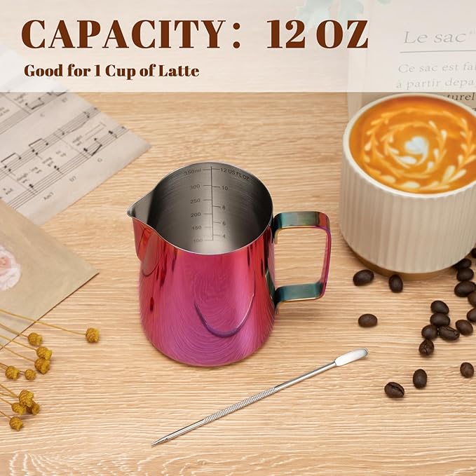 Milk Frothing Pitcher, 12 oz Milk Frother Cup with Clear Scale, 304 Stainless Steel Cappuccino Espresso Machine Accessories for Barista Coffee Bar with Latte Art Pen, Multipurple