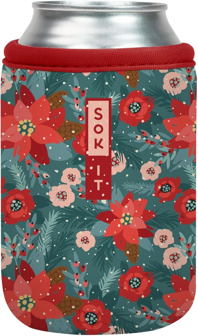 Sok It CanSok Sleeve for Beer & Soda Insulated Neoprene Cover (Pastel Poinsettias, 12oz Can Sleeve)
