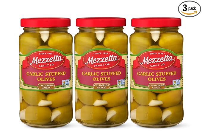 Mezzetta Garlic Stuffed Green Olives Jar Combo Pack - Old-World Halkidiki Greek Olives with Freshly Picked Garlic - Non-GMO, Gluten Free, Keto - 6 oz. Pack of 3