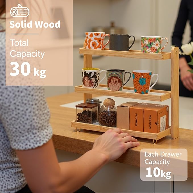 Coffee Mug Holder Wooden Cup Rack,3-Tier Acrylic Home Mug Display Rack for Kitchen Countertops Coffee Beans, Syrup, Cups, Stirrers