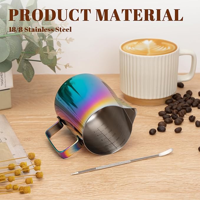 Milk Frothing Pitcher, 12 oz Milk Frother Cup with Clear Scale, 304 Stainless Steel Cappuccino Espresso Machine Accessories for Barista Coffee Bar with Latte Art Pen, Multicolor
