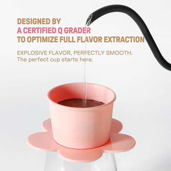 PHINOI Pour Over Coffee Dripper - Vietnamese Phin Filter – Single Cup Coffee Maker 1-2 Cup with Flower Design – Plastic Reusable Coffee Filter for Manual Brewing, Travel Friendly (Pink)