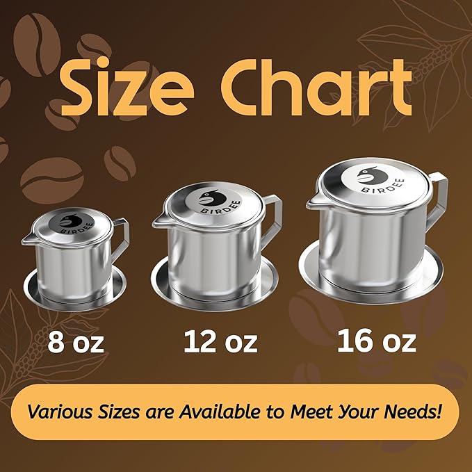 Birdee Vietnamese Coffee Dripper - 16oz (Pack of 4), Stainless Steel, Large Drip Filter, Durable, Dishwasher Safe, Home Use, Travel, Camping, Gift Sets