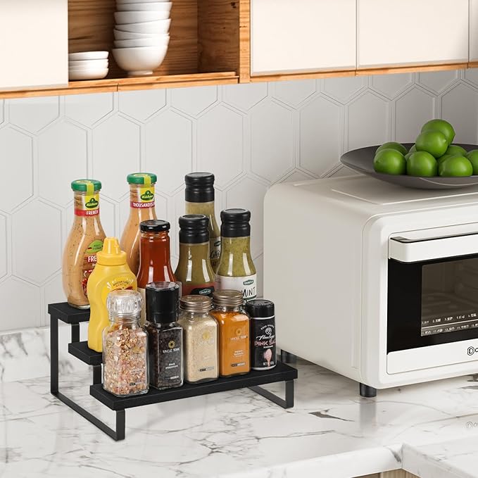 YINMIT Wooden Display Riser Stand, Tiered Perfume and Cologne Organizer Stand, 3 Tier Spice Rack Organizer, Rustic Display Shelf for Candles (3 Tier,Black)