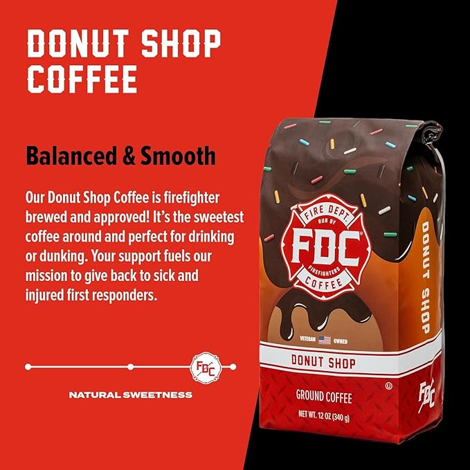 Fire Department Coffee - Gives Back to Firefighters - Donut Shop Ground Coffee - Sweet & Smooth - Medium Roast - Roasted in the USA - Veteran Owned (12 oz, Pack of 2)