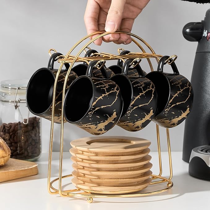 LUKA Ceramic Espresso Cups with Saucers and Metal Stand, Small 4 oz Porcelain Demitasse Cups Set of 6, Cute Cappuccino Coffee Cups for Double Espresso, Tea, Marbling Black