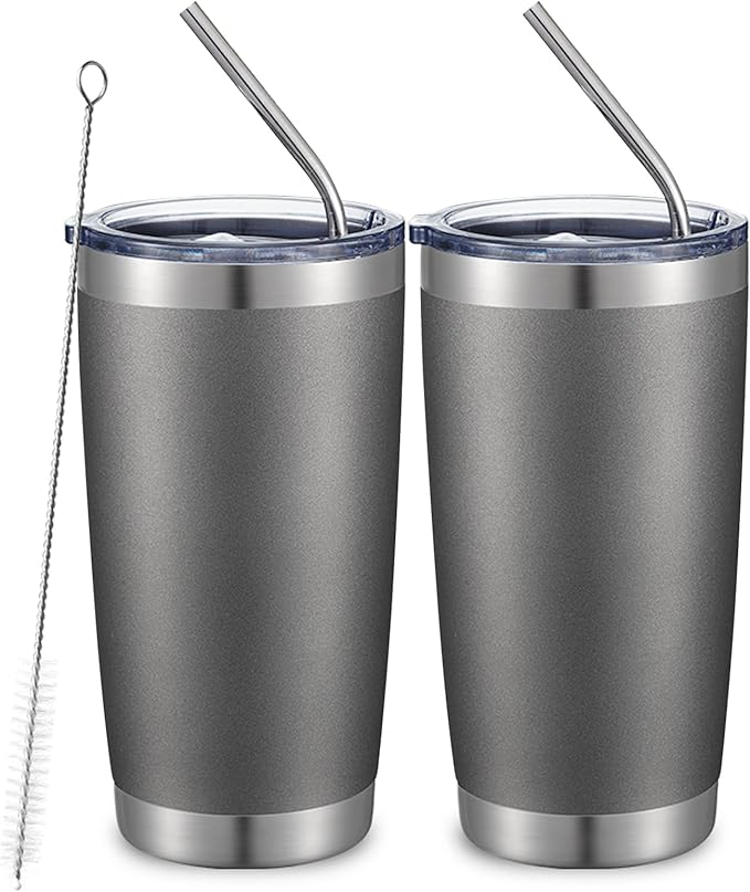 COMOOO 20oz Double Wall Vacuum Insulated Travel Mug, Stainless Steel Tumbler with Lid and Straw Durable Powder Coated Insulated Coffee Cup for Cold & Hot Drinks (Grey. 2 pack