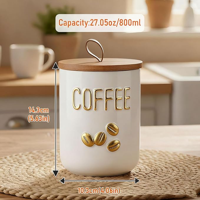 jessie 27oz Ceramics Coffee Canisters with Airtight Seal Bamboo Lid Silicone,Coffee Bean Storage for Kitchen Countertop,Food Storage Jars for Coffee Bean Ground Coffee Sugar and Tea(White)
