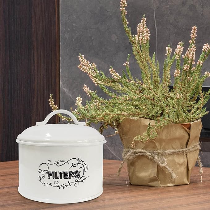 SOTECH Coffee Filter Holder Storage,White Basket Enamel Filter Jar Container in Rustic Farmhouse Distressed Enamelware Design Round for Counter(Metal Coffee Filter Jar)