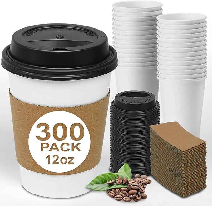 Ginkgo 300 Pack 12 oz Disposable Thickened Paper Coffee Cups with Lids and Sleeves, To Go Hot Coffee Cups Set for Chocolate, Cocoa, Beverages and Tea